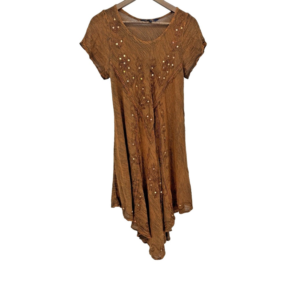 Asymmetrical Brown Dress Festival Boho Hippie Brown sequin S Riviera Sun gauze